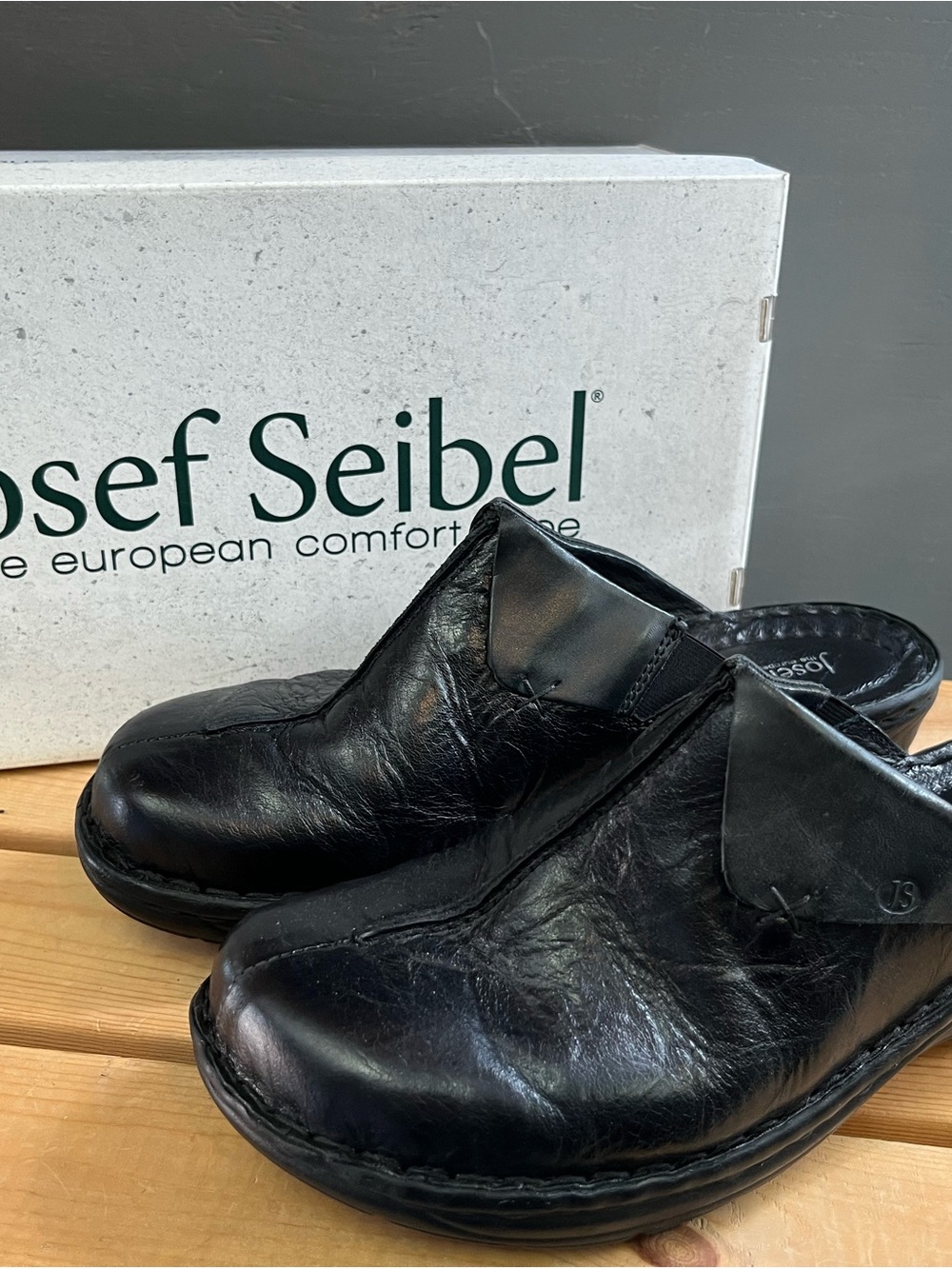 Josef Seibel Black Leather Slip-On Clogs